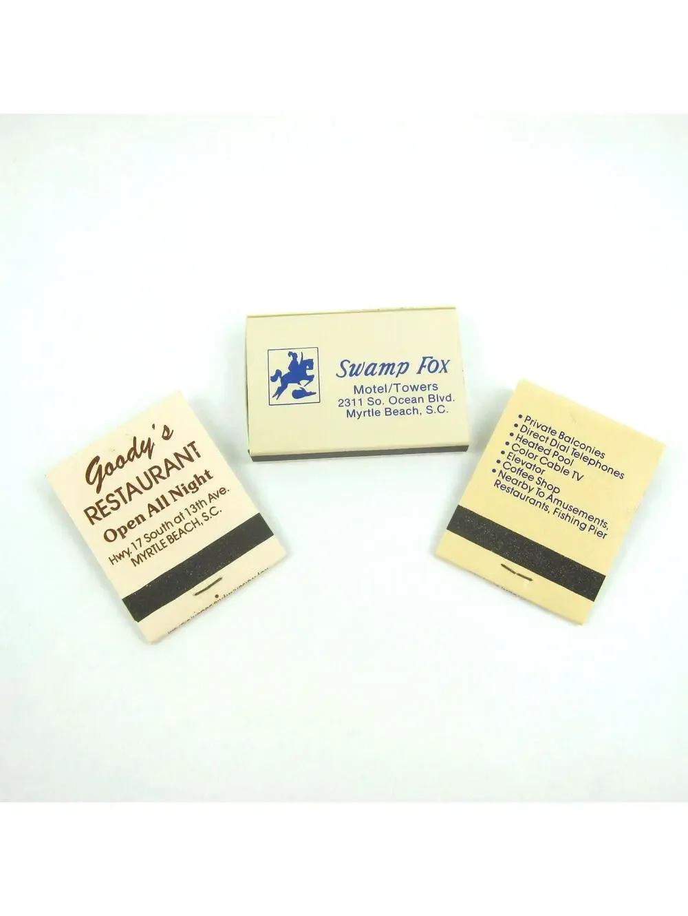 3 Vintage Matchbooks Swamp Fox, Goody's, Lands Inn Myrtle Beach South Carolina